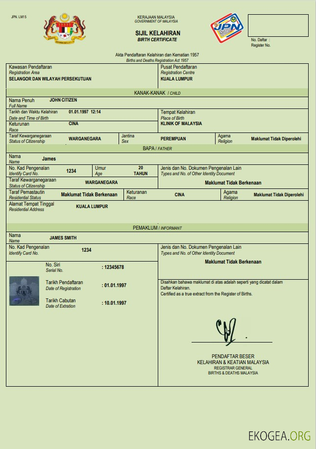 Modèle Word et PDF d'acte de naissance en Malaisie